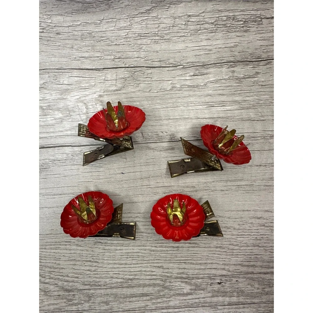 Vintage Red Metal Flower Christmas Tree Candle Holder Clips Set of 4 Mid Century